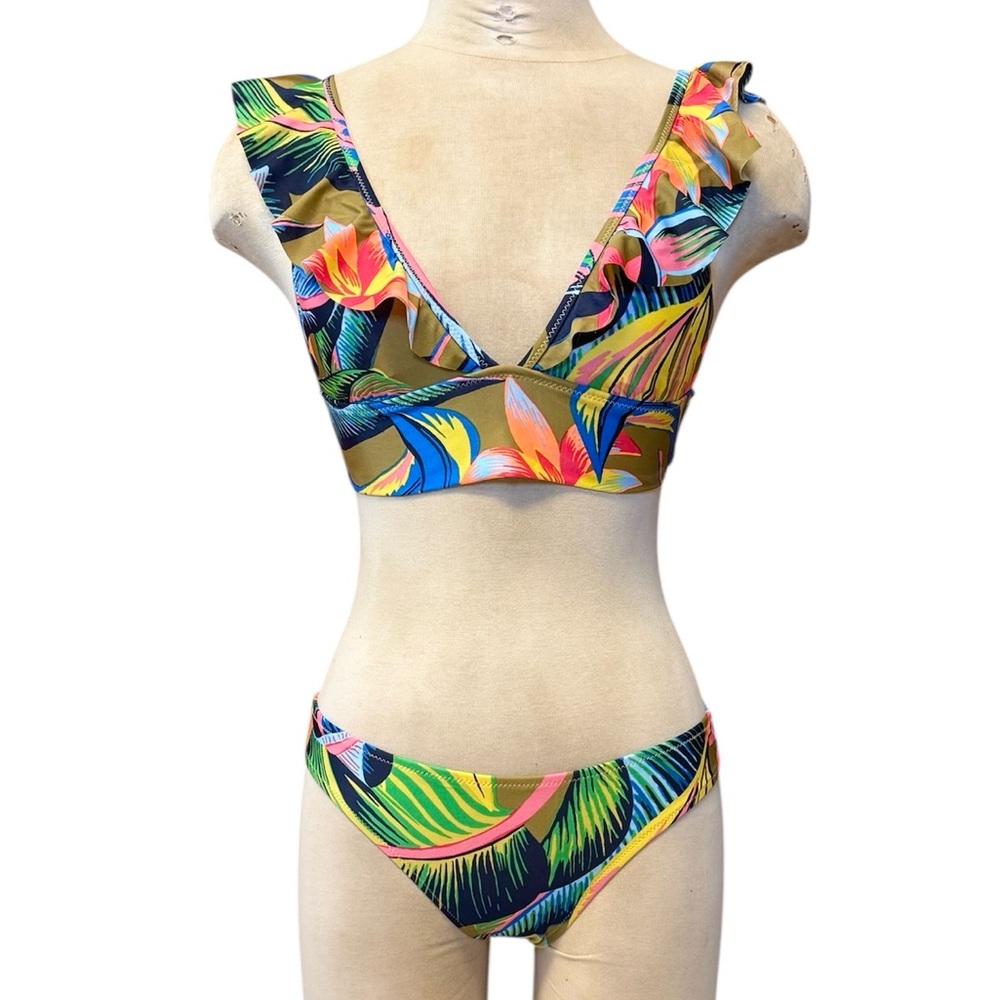 Aerie Bikini Swimsuit Tropical Floral Ruffle S Small XS
